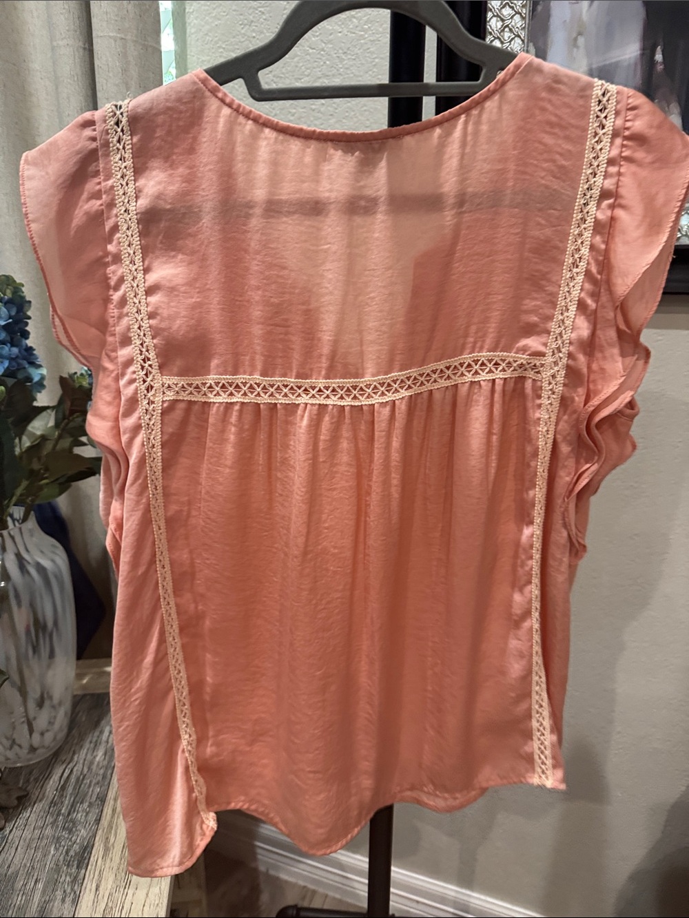 Democracy Coral Lace-Trim Ruffle Sleeve Blouse - Picture 3 of 3